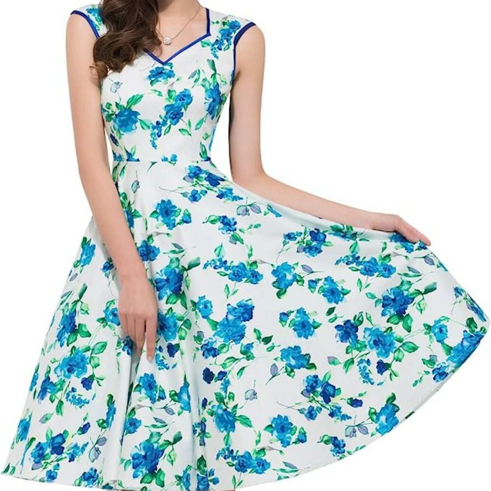 Grace Karin 1950s Style Blue Floral Cap Sleeve Swing Dress
